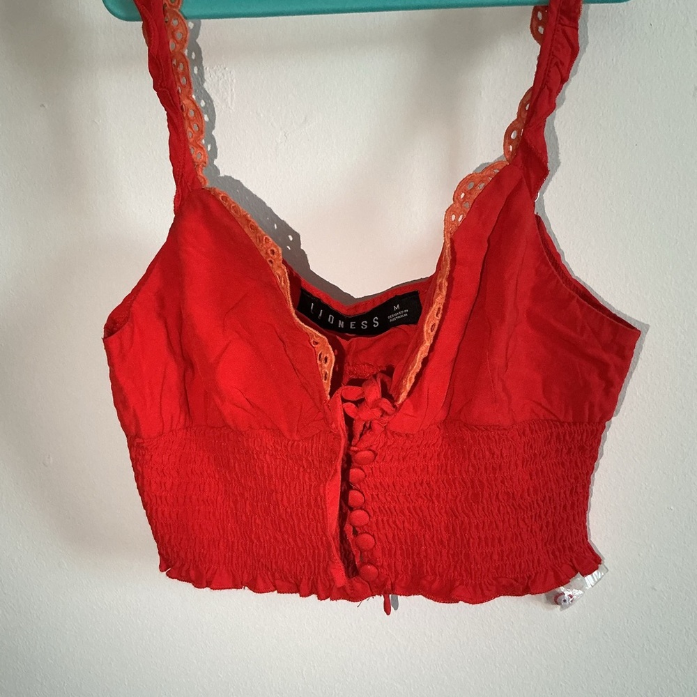 Red Cropped Top with Lace Trim
